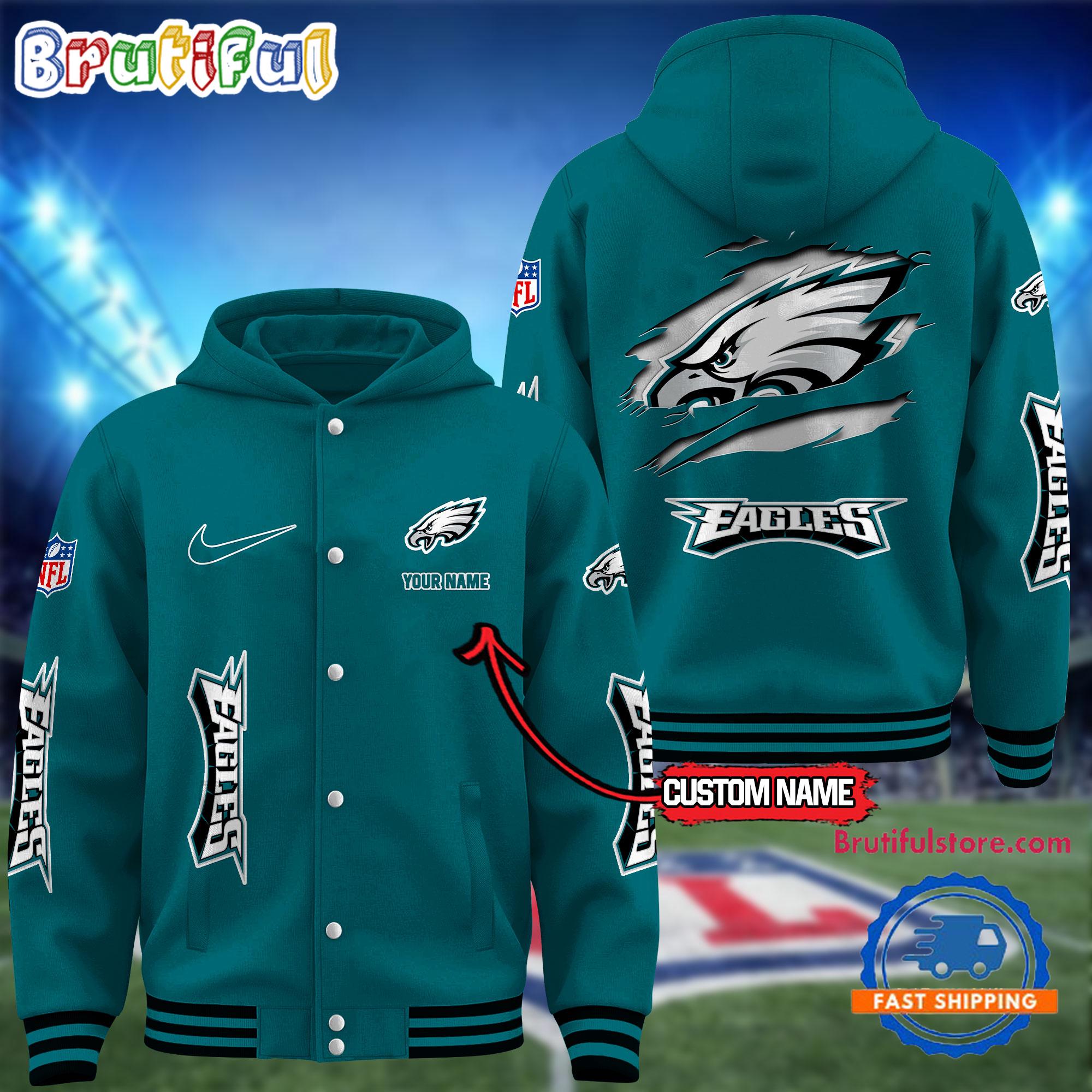 NFL Philadelphia Eagles Football New Season Design Hooded Baseball Jacket, Custom Name Sport Jacket