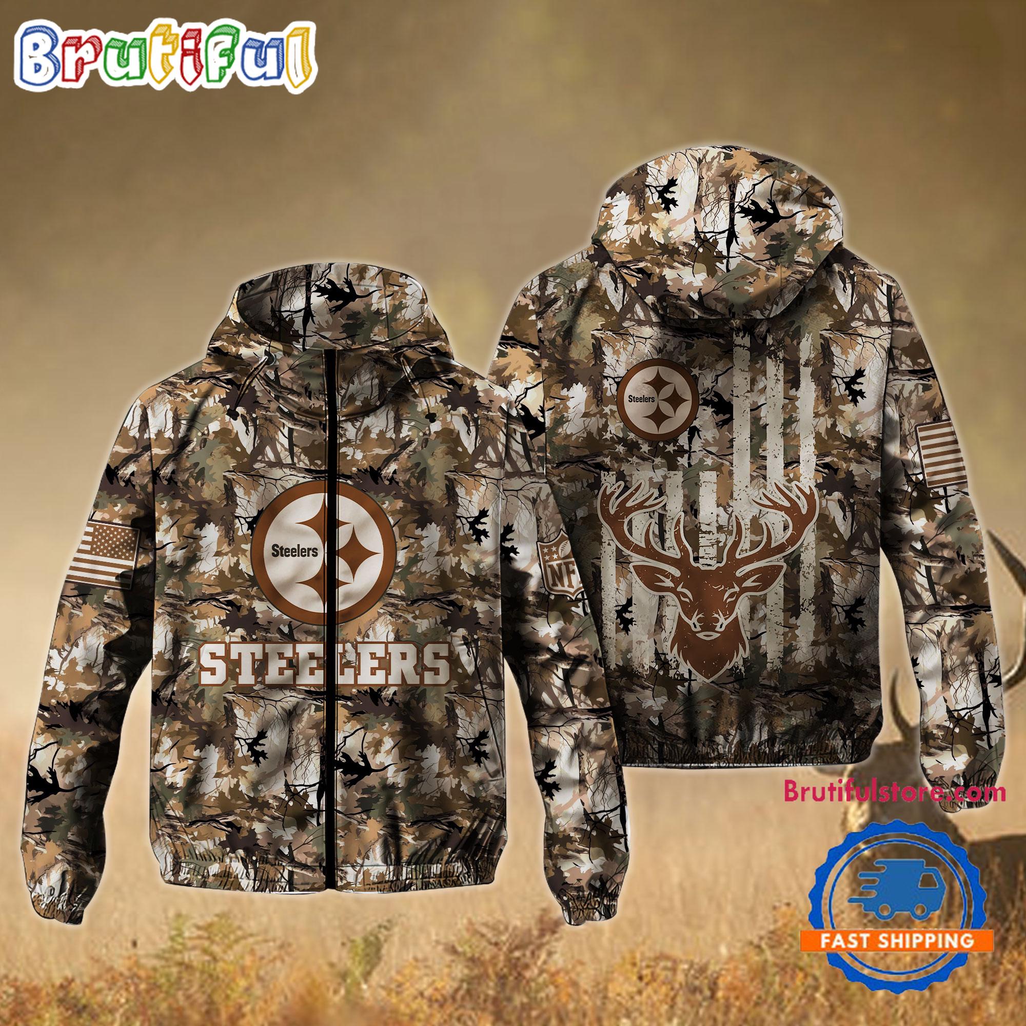 NFL Pittsburgh Steelers Football Camo Hunting Deer Windbreaker Outdoor Jacket