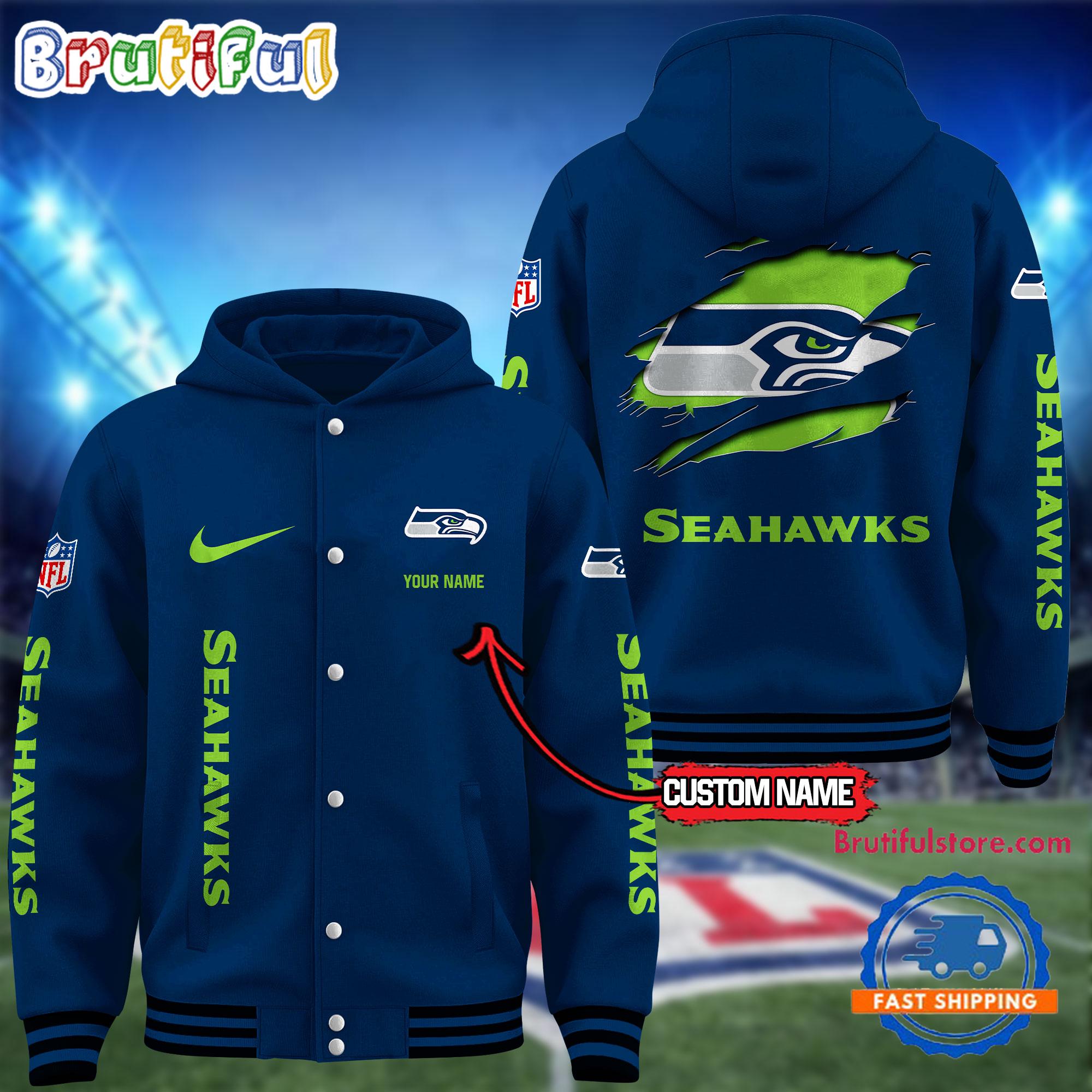 NFL Seattle Seahawks Football New Season Design Hooded Baseball Jacket, Custom Name Sport Jacket