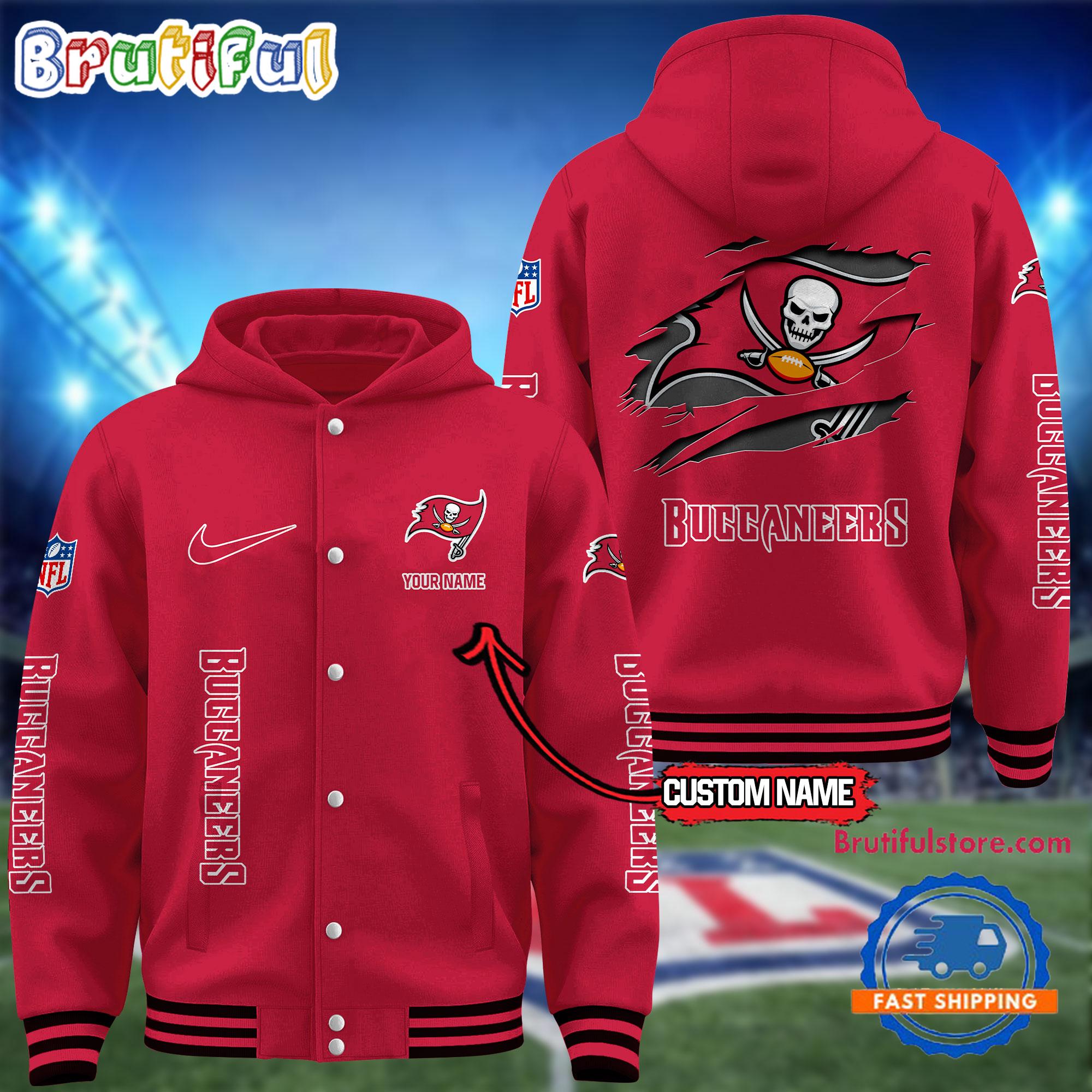 NFL Tampa Bay Buccaneers Football New Season Design Hooded Baseball Jacket, Custom Name Sport Jacket