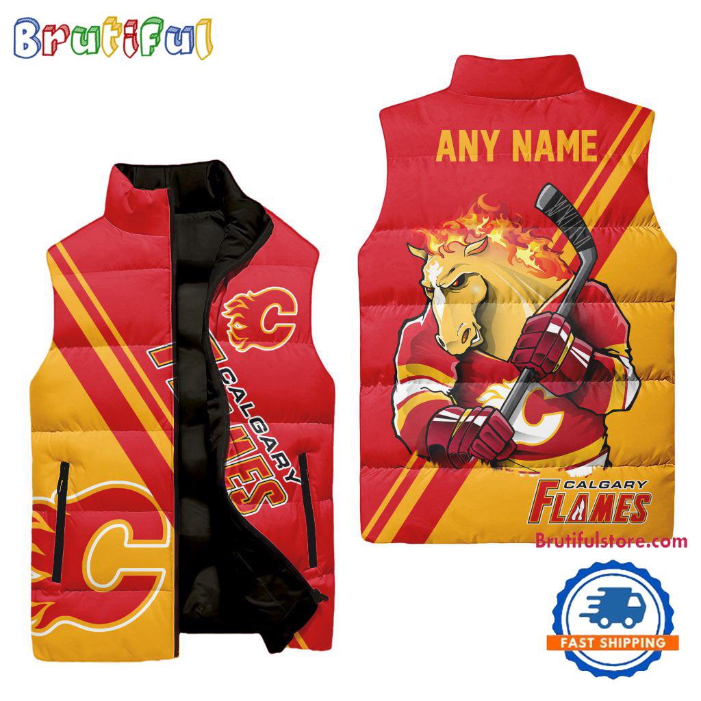 NHL Calgary Flames Custom Name Sleeveless Puffer Jacket, Hockey Team Jacket Fans Gifts