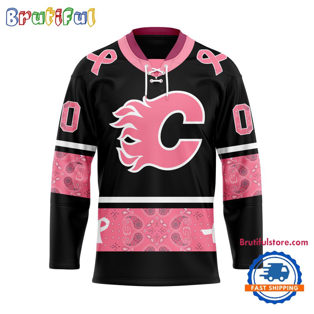 NHL Calgary Flames In October We Wear Pink Breast Cancer Design Hockey Jersey