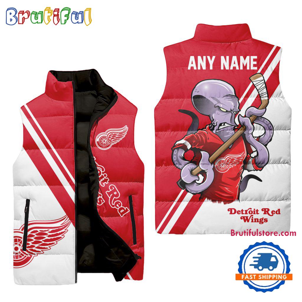 NHL Detroit Red Wings Custom Name Sleeveless Puffer Jacket, Hockey Team Jacket Fans Gifts