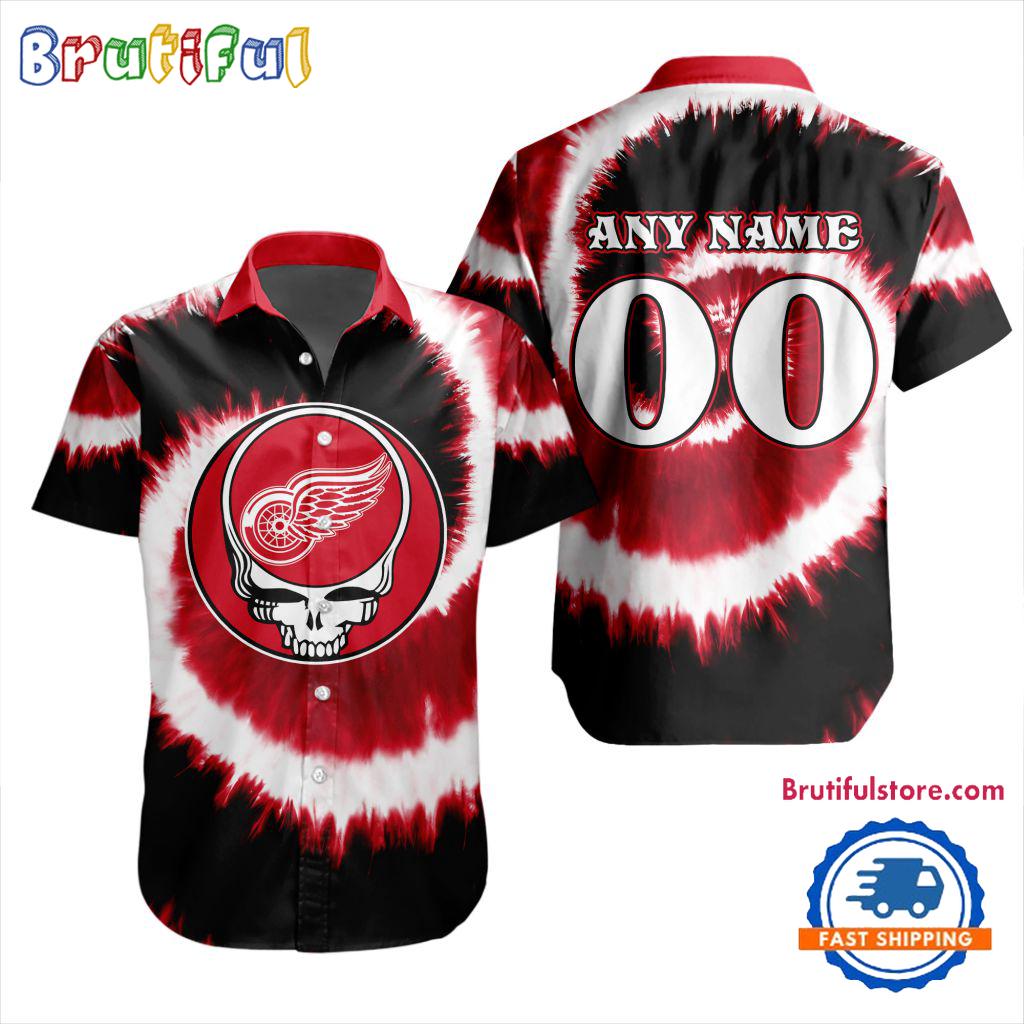 NHL Detroit Red Wings Grateful Dead Tie-Dye Hawaiian Design Button Shirt