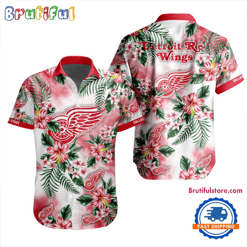 NHL Detroit Red Wings Hockey Tropical Flower Hawaiian Design Button Shirt