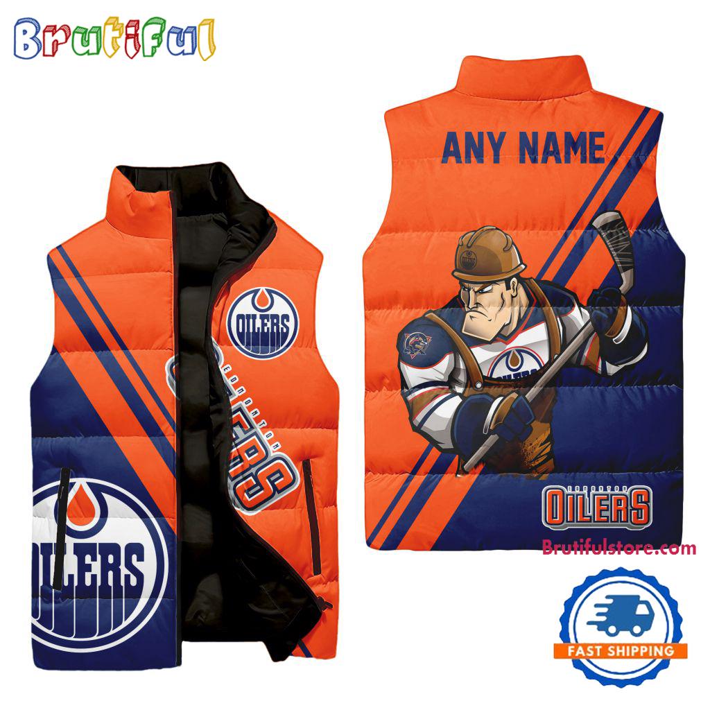 NHL Edmonton Oilers Custom Name Sleeveless Puffer Jacket, Hockey Team Jacket Fans Gifts