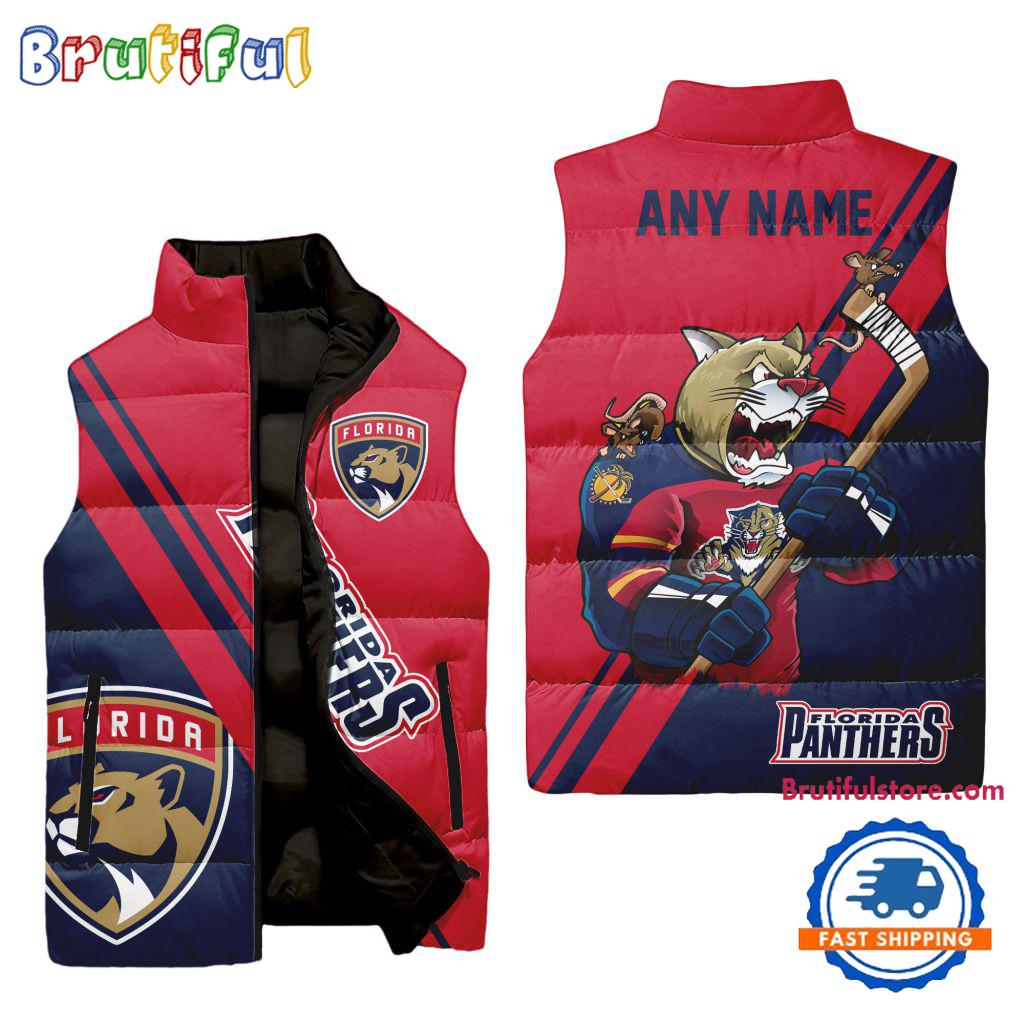 NHL Florida Panthers Custom Name Sleeveless Puffer Jacket, Hockey Team Jacket Fans Gifts