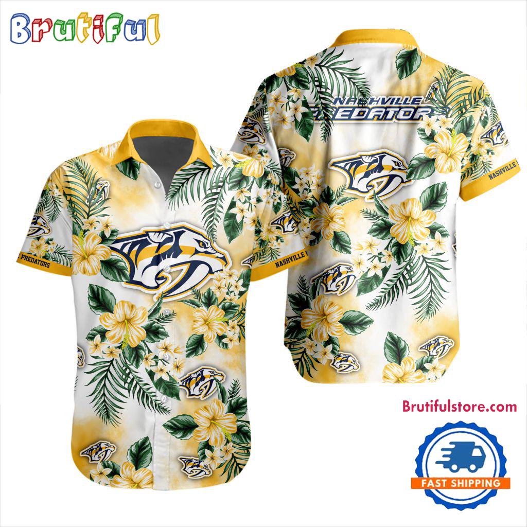 NHL Nashville Predators Hockey Tropical Flower Hawaiian Design Button Shirt