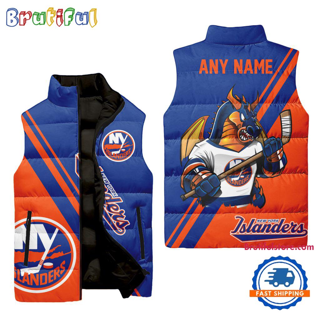 NHL New York Islanders Custom Name Sleeveless Puffer Jacket, Hockey Team Jacket Fans Gifts