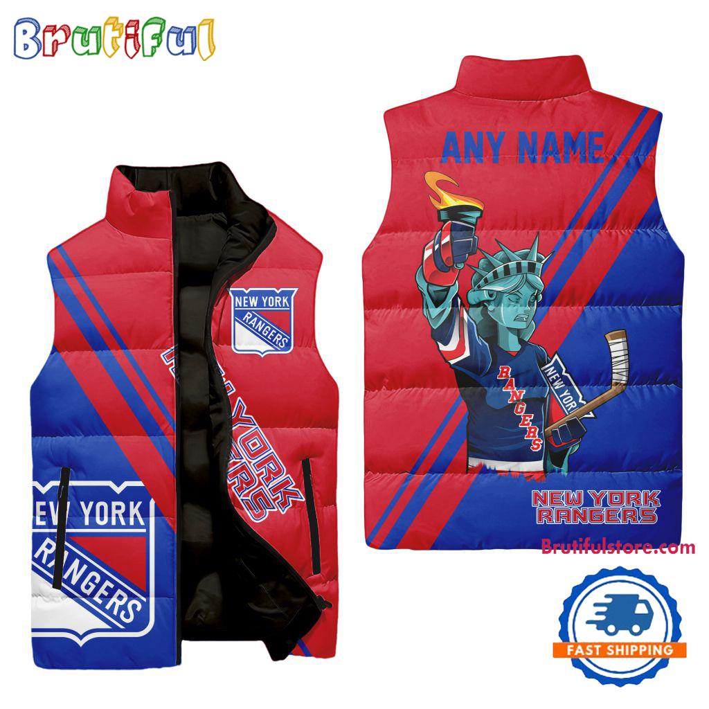 NHL New York Rangers Custom Name Sleeveless Puffer Jacket, Hockey Team Jacket Fans Gifts