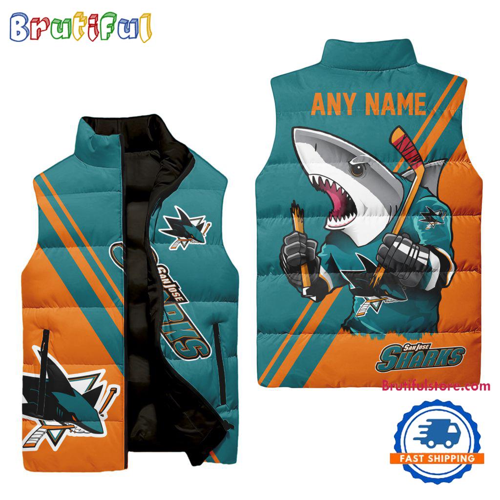 NHL San Jose Sharks Custom Name Sleeveless Puffer Jacket, Hockey Team Jacket Fans Gifts