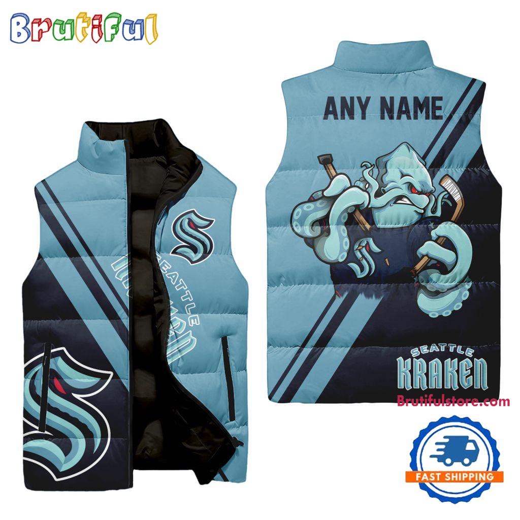NHL Seattle Kraken Custom Name Sleeveless Puffer Jacket, Hockey Team Jacket Fans Gifts