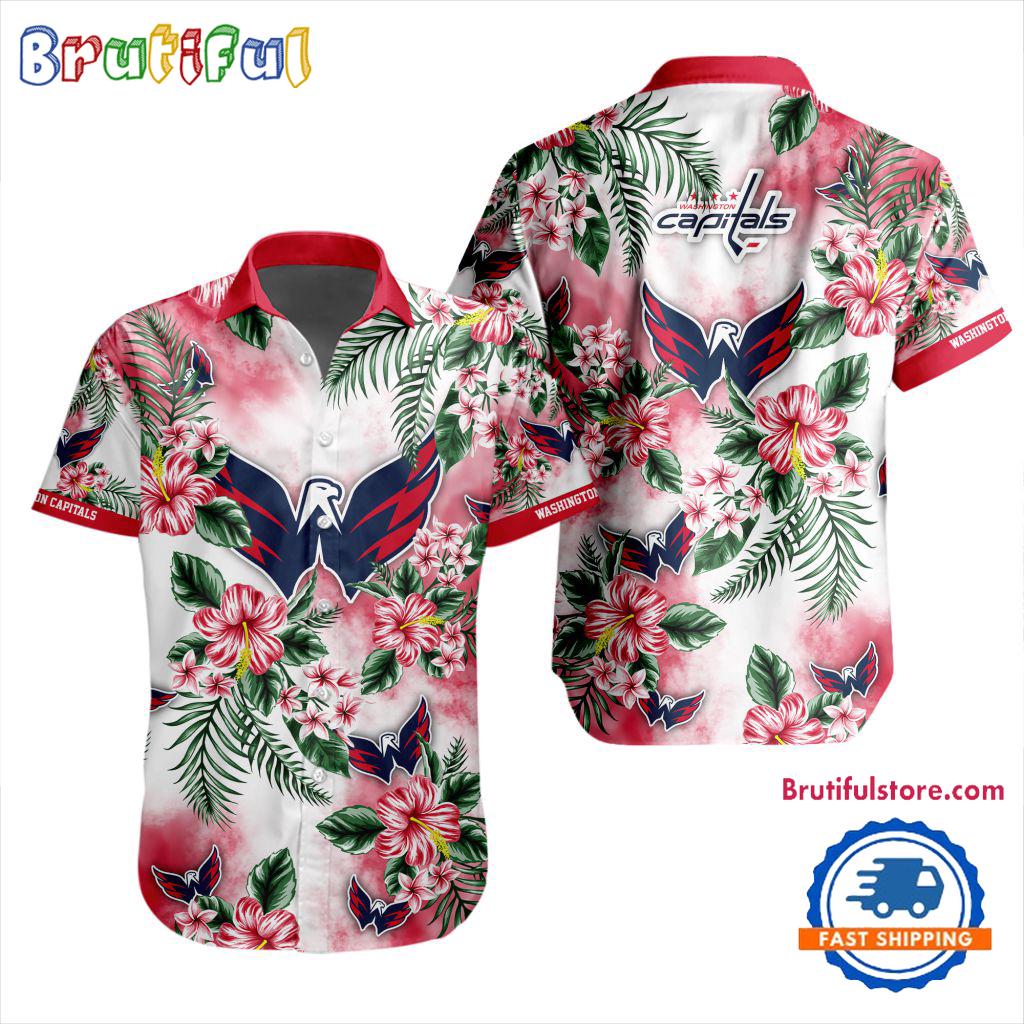 NHL Washington Capitals Hockey Tropical Flower Hawaiian Design Button Shirt
