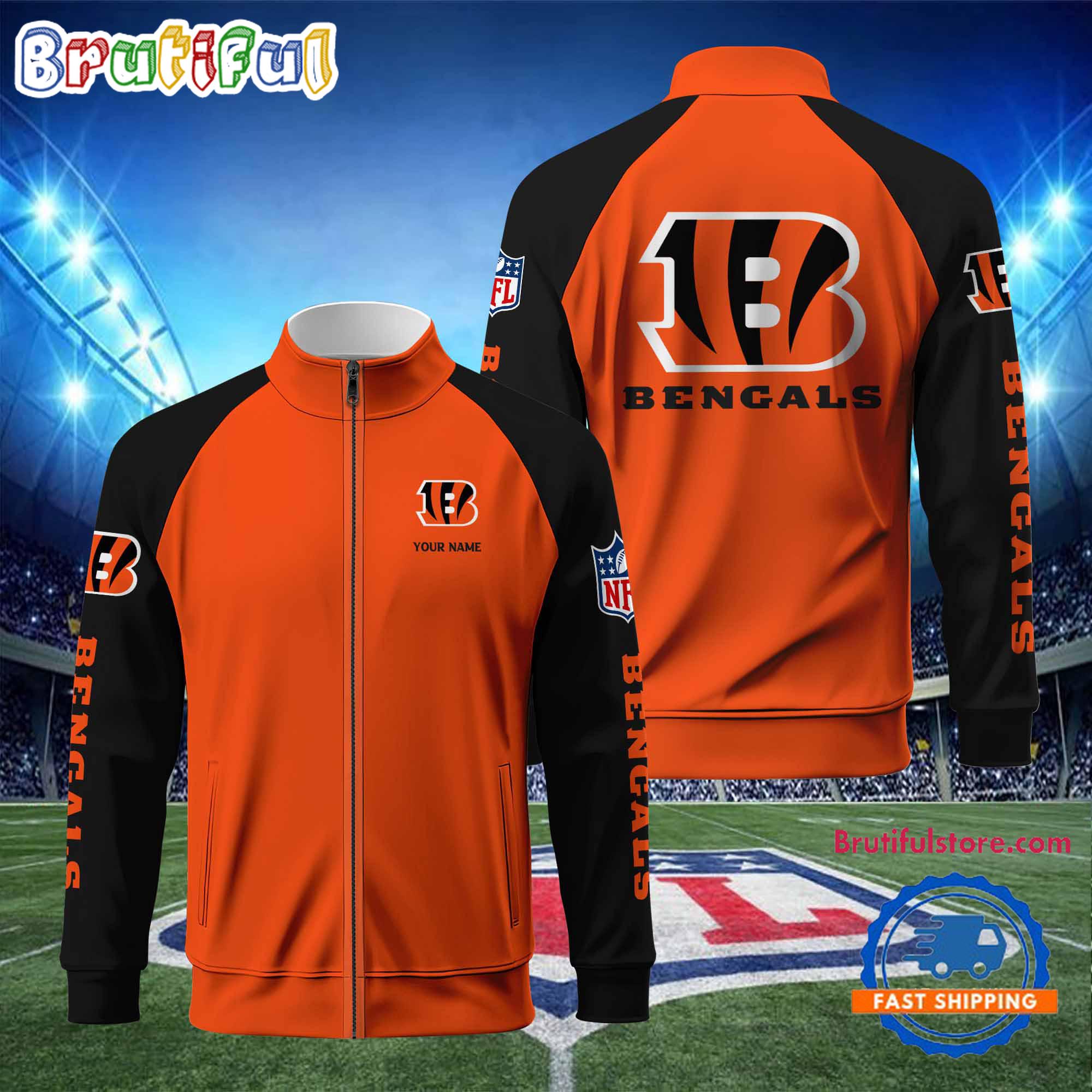 NFL Cincinnati Bengals Football Team Custom Name Standing Neck Zipper Jacket