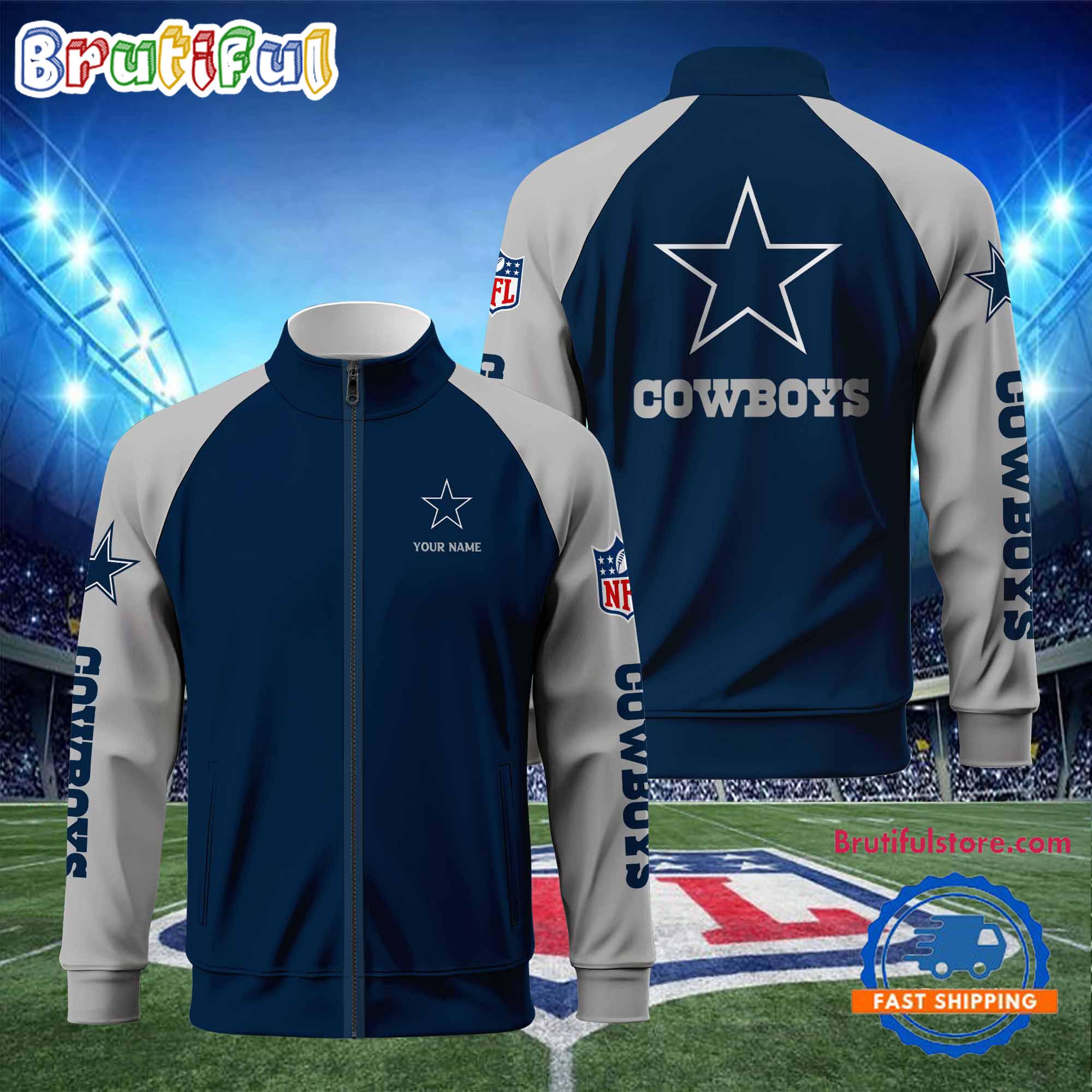NFL Dallas Cowboys Football Team Custom Name Standing Neck Zipper Jacket