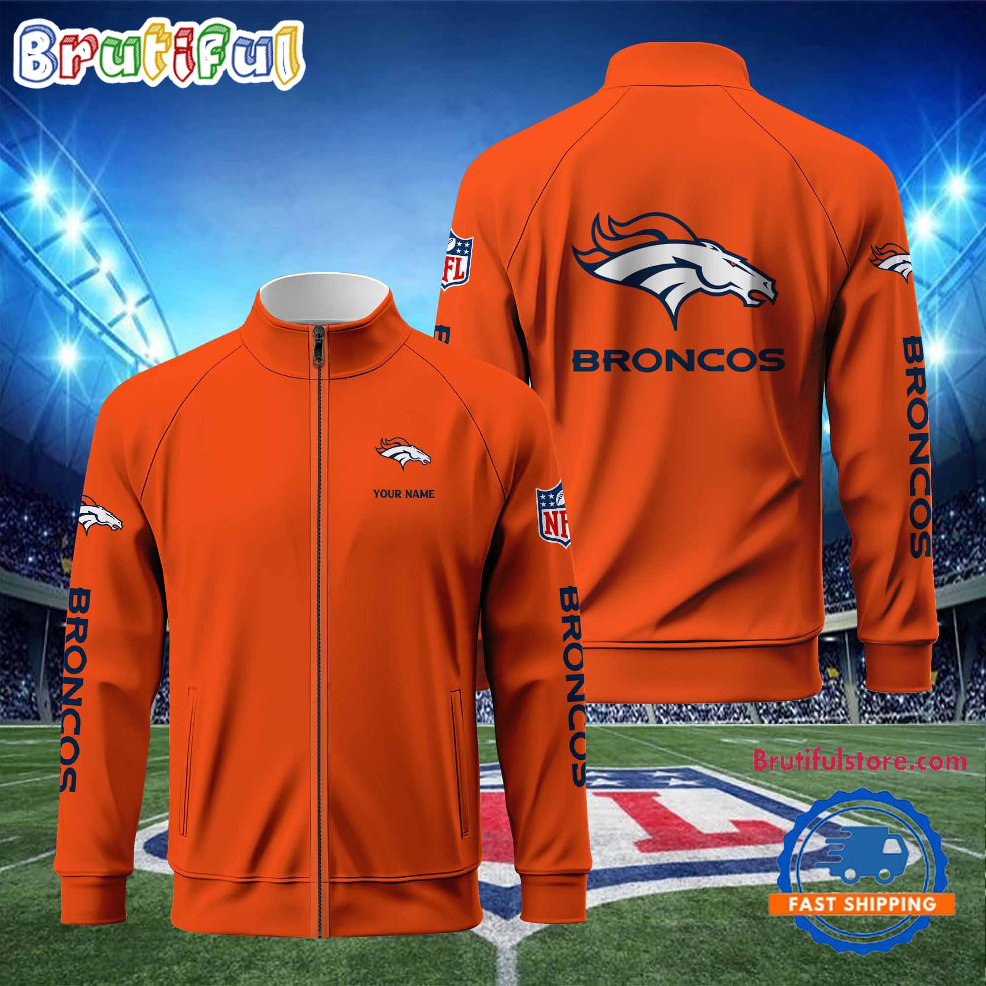 NFL Denver Broncos Football Logo Team Standing Neck Zipper Jacket, Custom Football Zipper Jacket