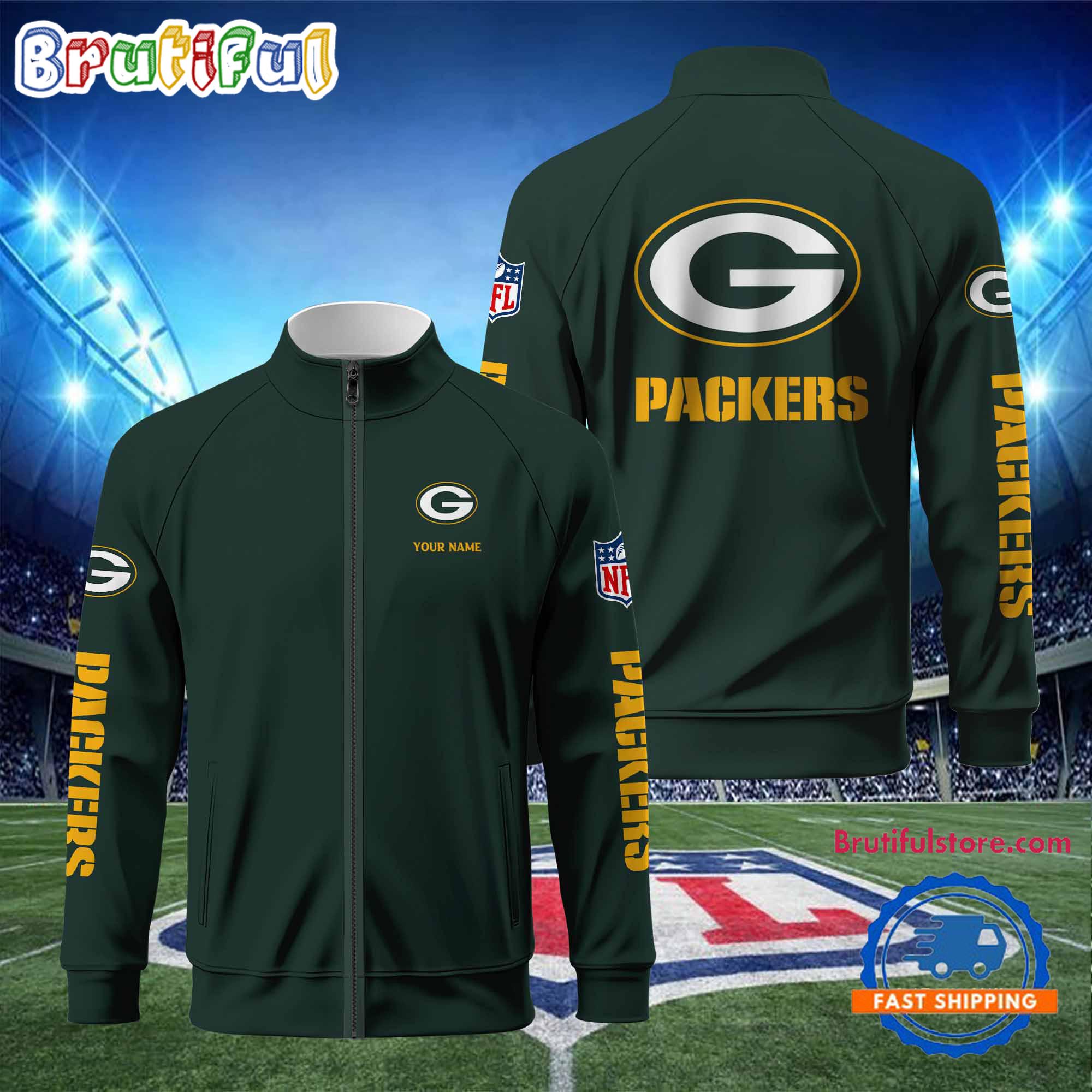 NFL Green Bay Packers Football Logo Team Standing Neck Zipper Jacket, Custom Football Zipper Jacket