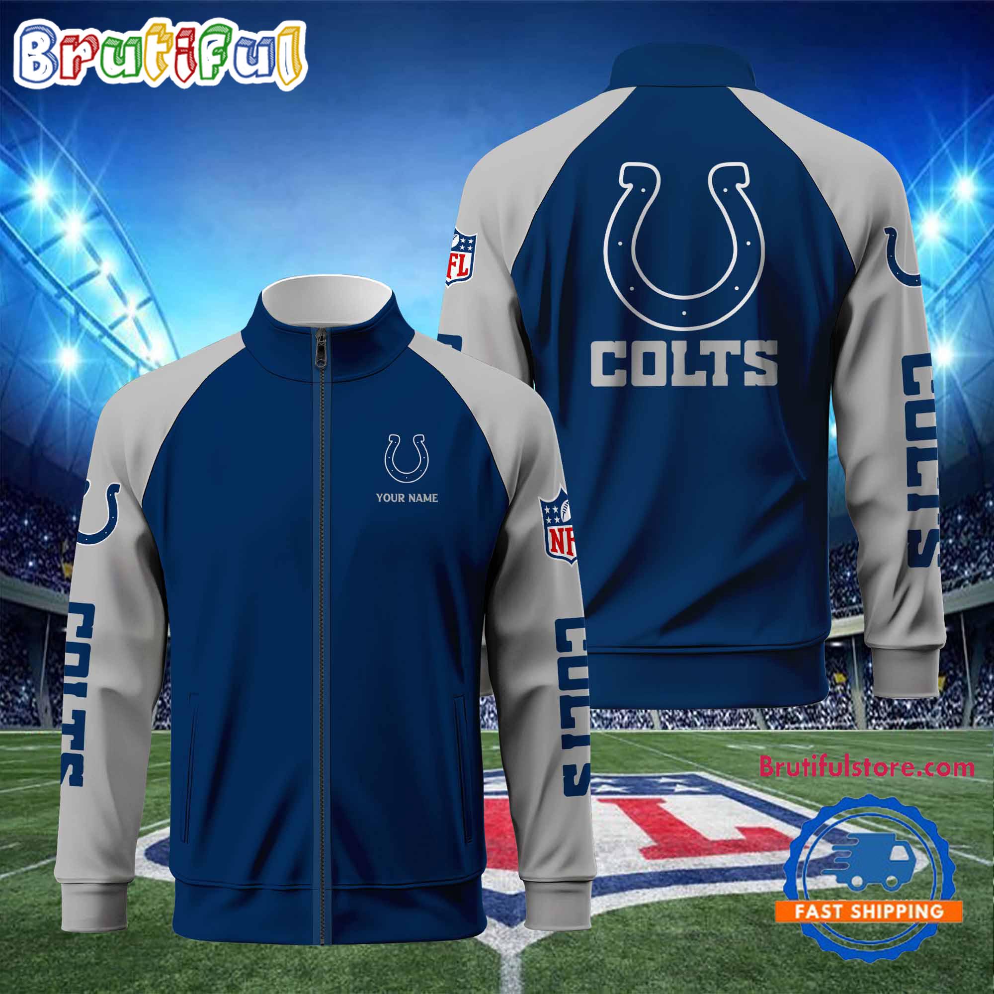 NFL Indianapolis Colts Football Team Custom Name Standing Neck Zipper Jacket