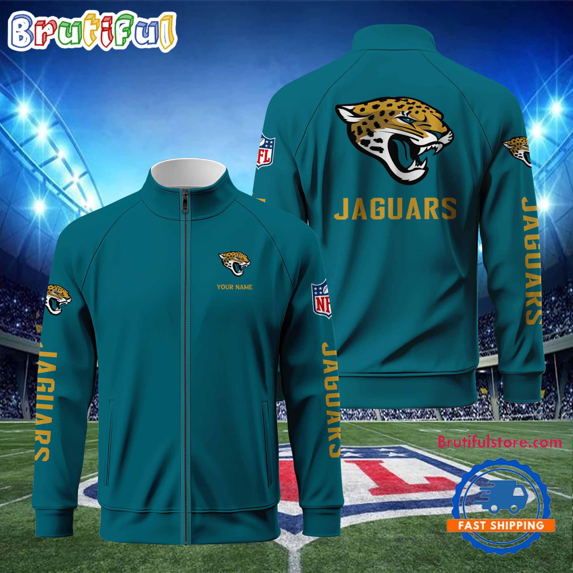 NFL Jacksonville Jaguars Football Logo Team Standing Neck Zipper Jacket, Custom Football Zipper Jacket