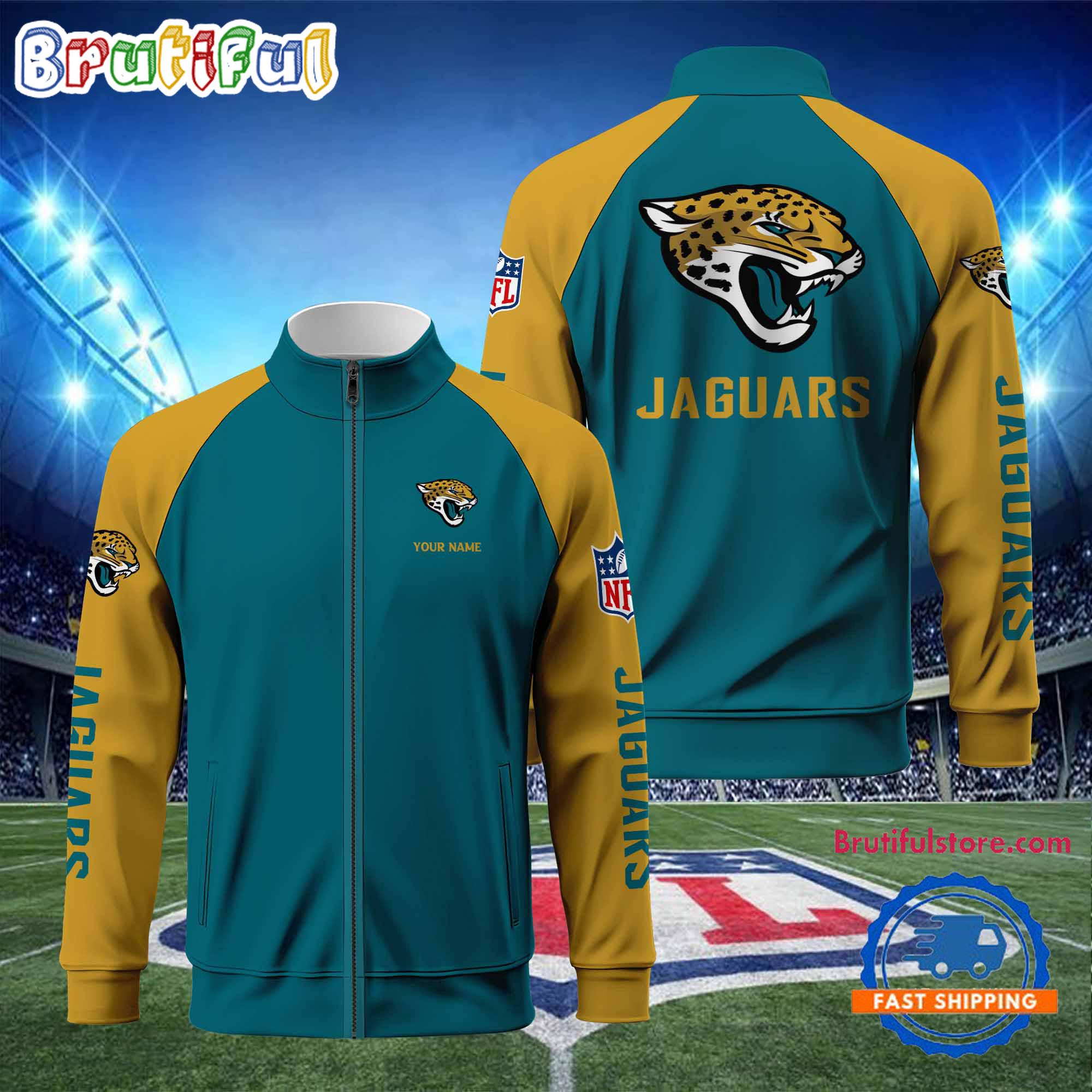 NFL Jacksonville Jaguars Football Team Custom Name Standing Neck Zipper Jacket