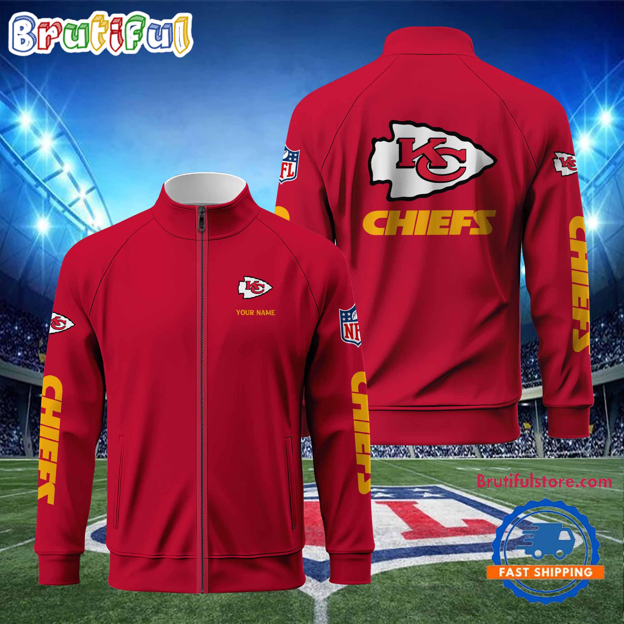 NFL Kansas City Chiefs Football Logo Team Standing Neck Zipper Jacket, Custom Football Zipper Jacket