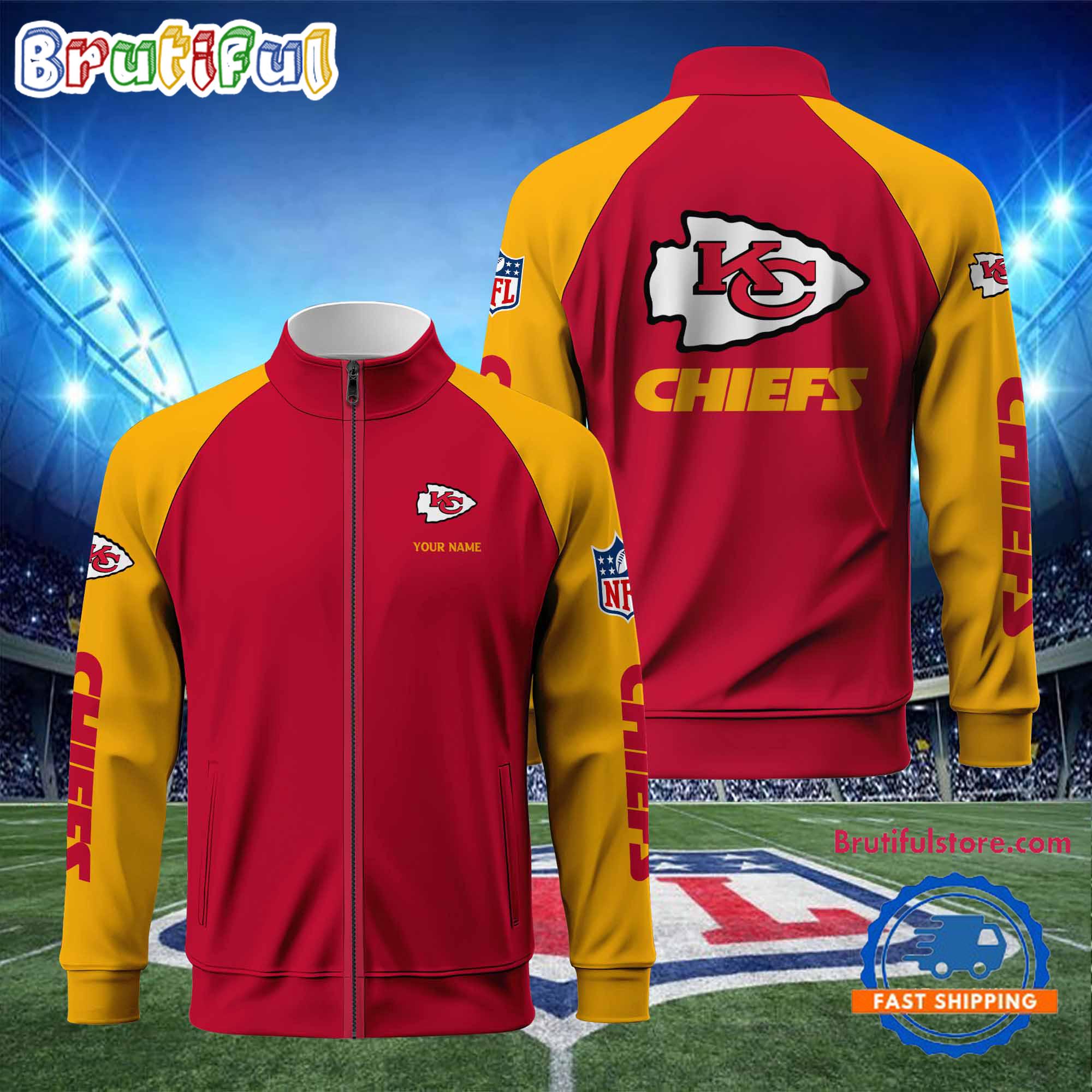 NFL Kansas City Chiefs Football Team Custom Name Standing Neck Zipper Jacket