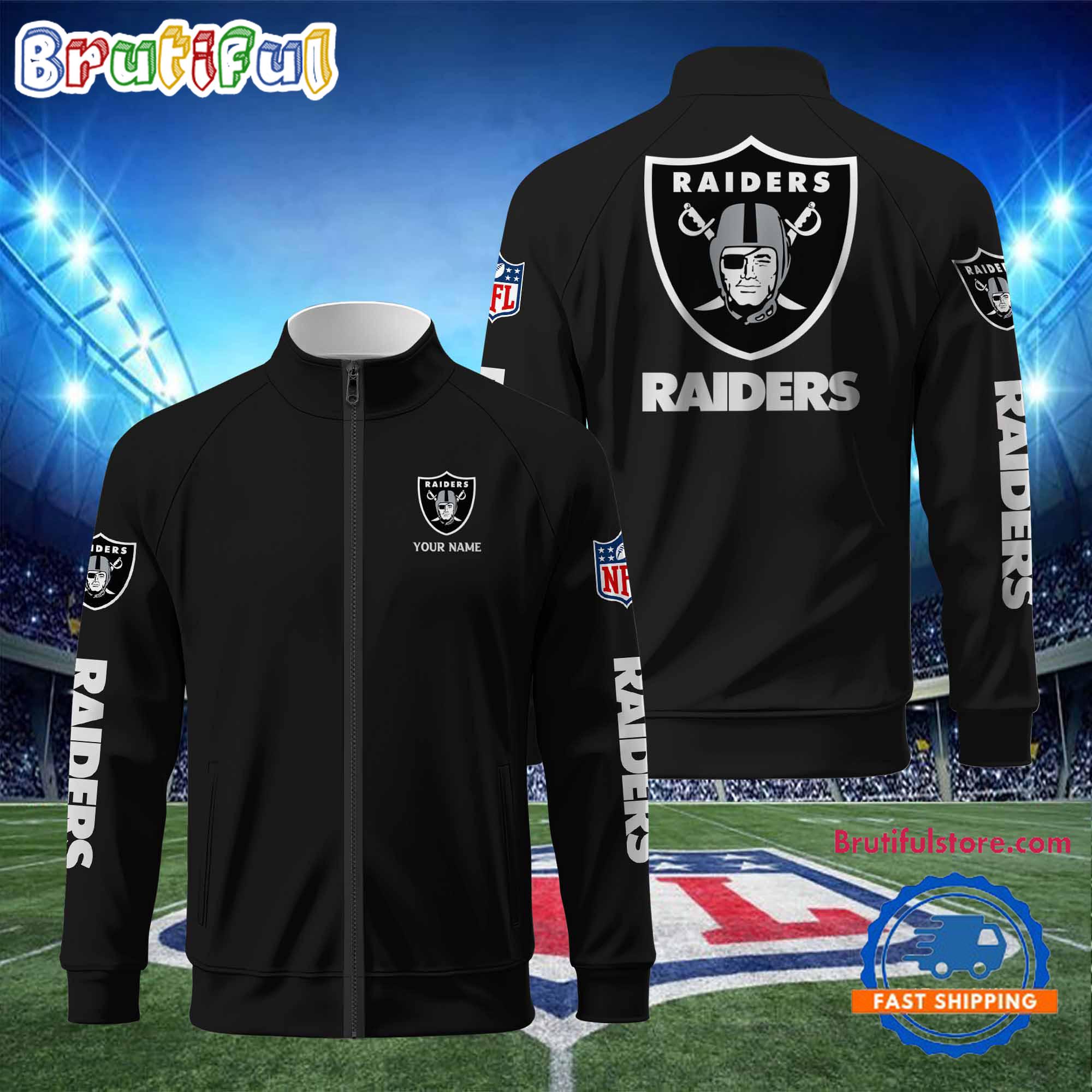 NFL Las Vegas Raiders Football Logo Team Standing Neck Zipper Jacket, Custom Football Zipper Jacket
