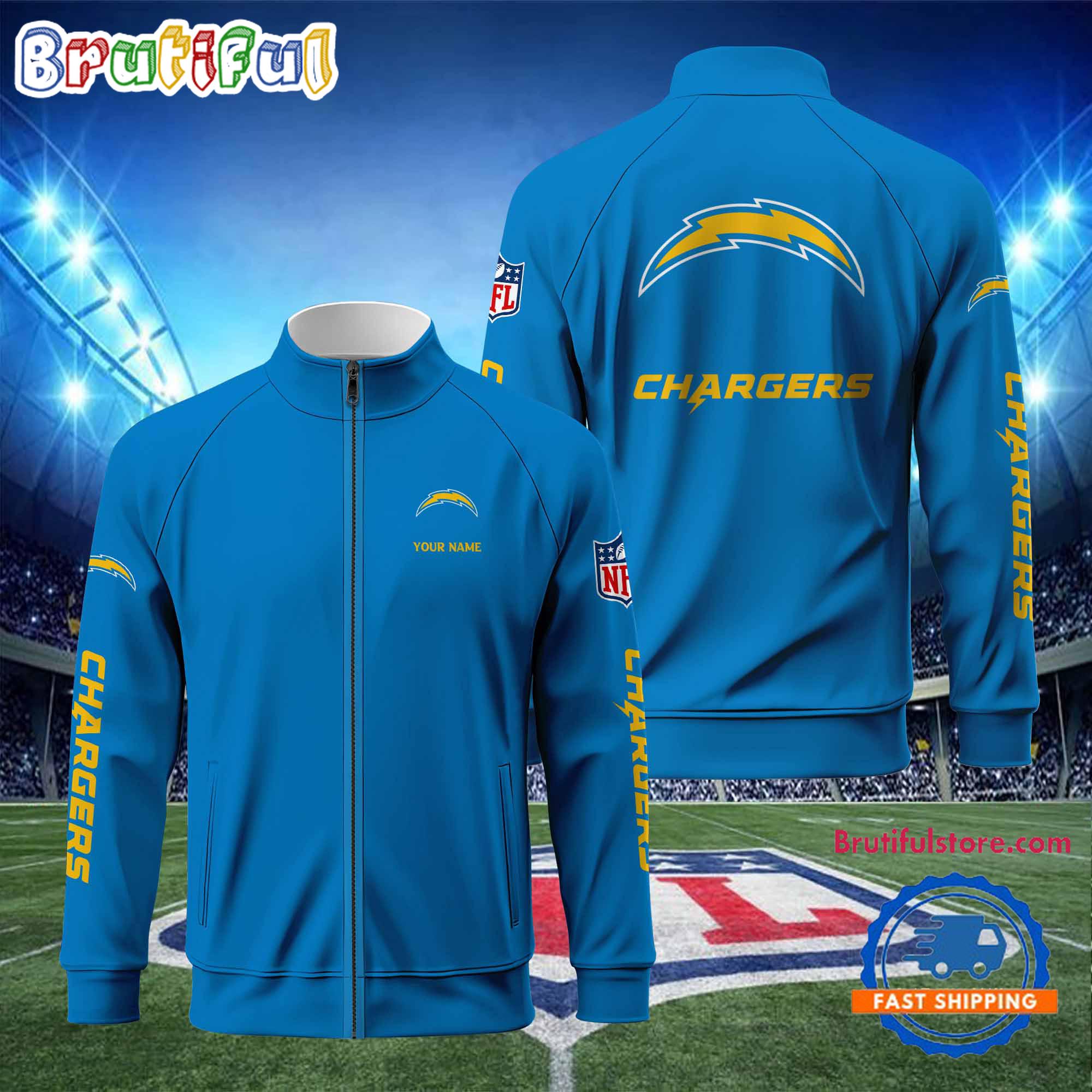 NFL Los Angeles Chargers Football Logo Team Standing Neck Zipper Jacket, Custom Football Zipper Jacket