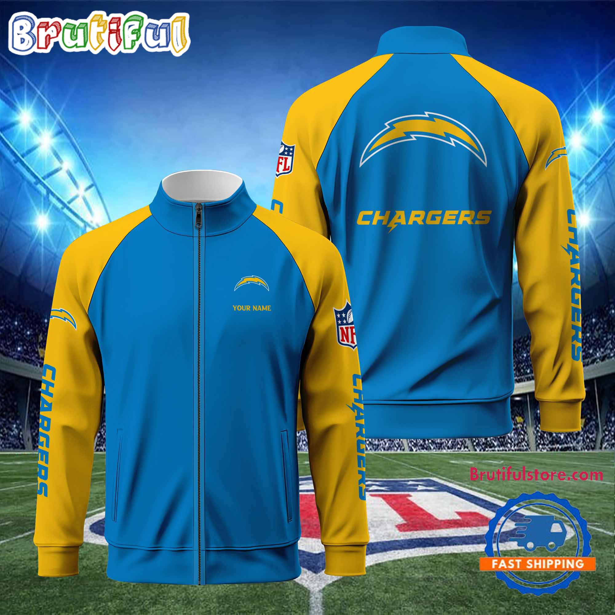 NFL Los Angeles Chargers Football Team Custom Name Standing Neck Zipper Jacket