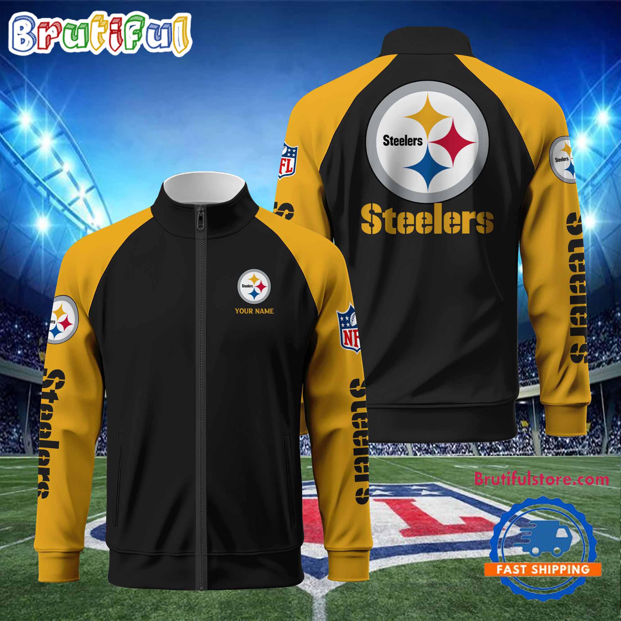 NFL Pittsburgh Steelers Football Team Custom Name Standing Neck Zipper Jacket