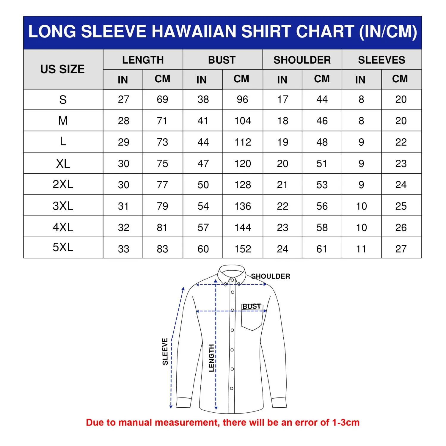 Long Sleeves Hawaiian Shirt Size