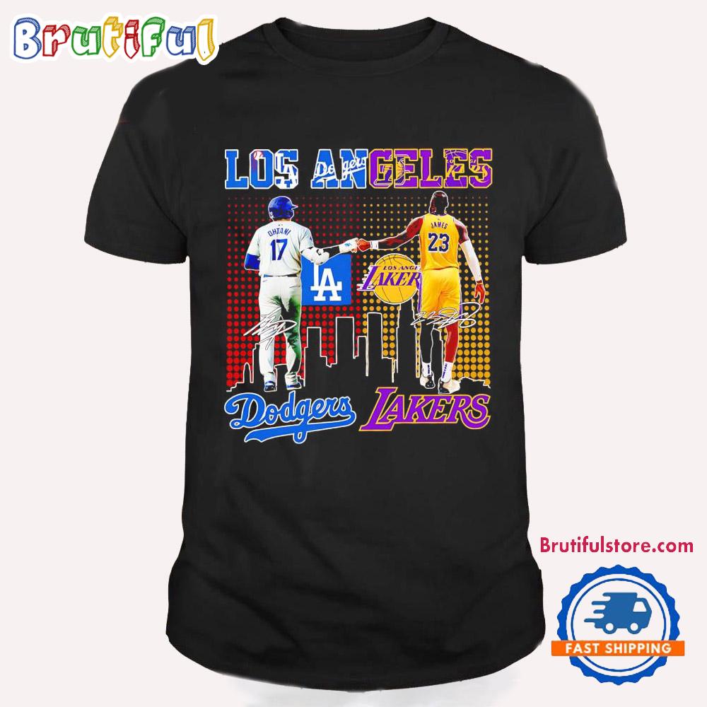 Los Angeles Dodgers Ohtani and Los Angeles Lakers James Skyline Signatures T Shirt