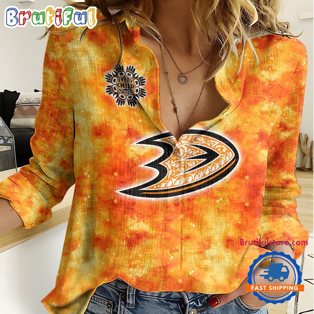 NHL Anaheim Ducks Hockey Team Orange Design Women's Casual Shirt