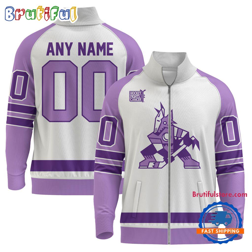 NHL Arizona Coyotes Special Hockey Fight Cancer Standing Neck Zipper Jacket