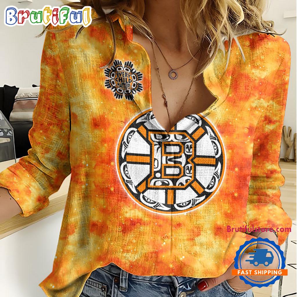 NHL Boston Bruins Hockey Team Orange Design Women's Casual Shirt