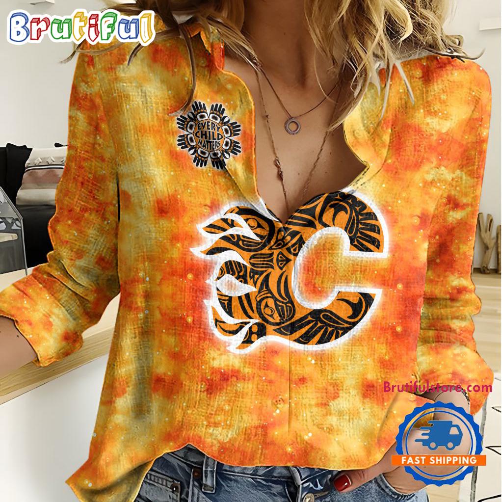 NHL Calgary Flames Hockey Team Orange Design Women's Casual Shirt