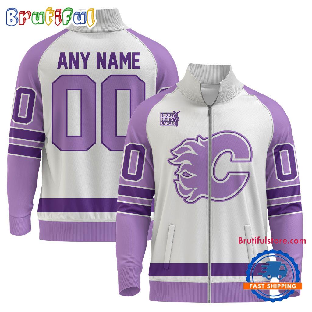 NHL Calgary Flames Special Hockey Fight Cancer Standing Neck Zipper Jacket