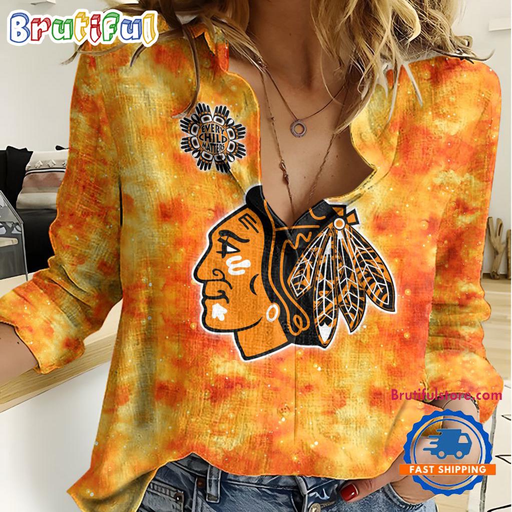 NHL Chicago Blackhawks Hockey Team Orange Design Women's Casual Shirt