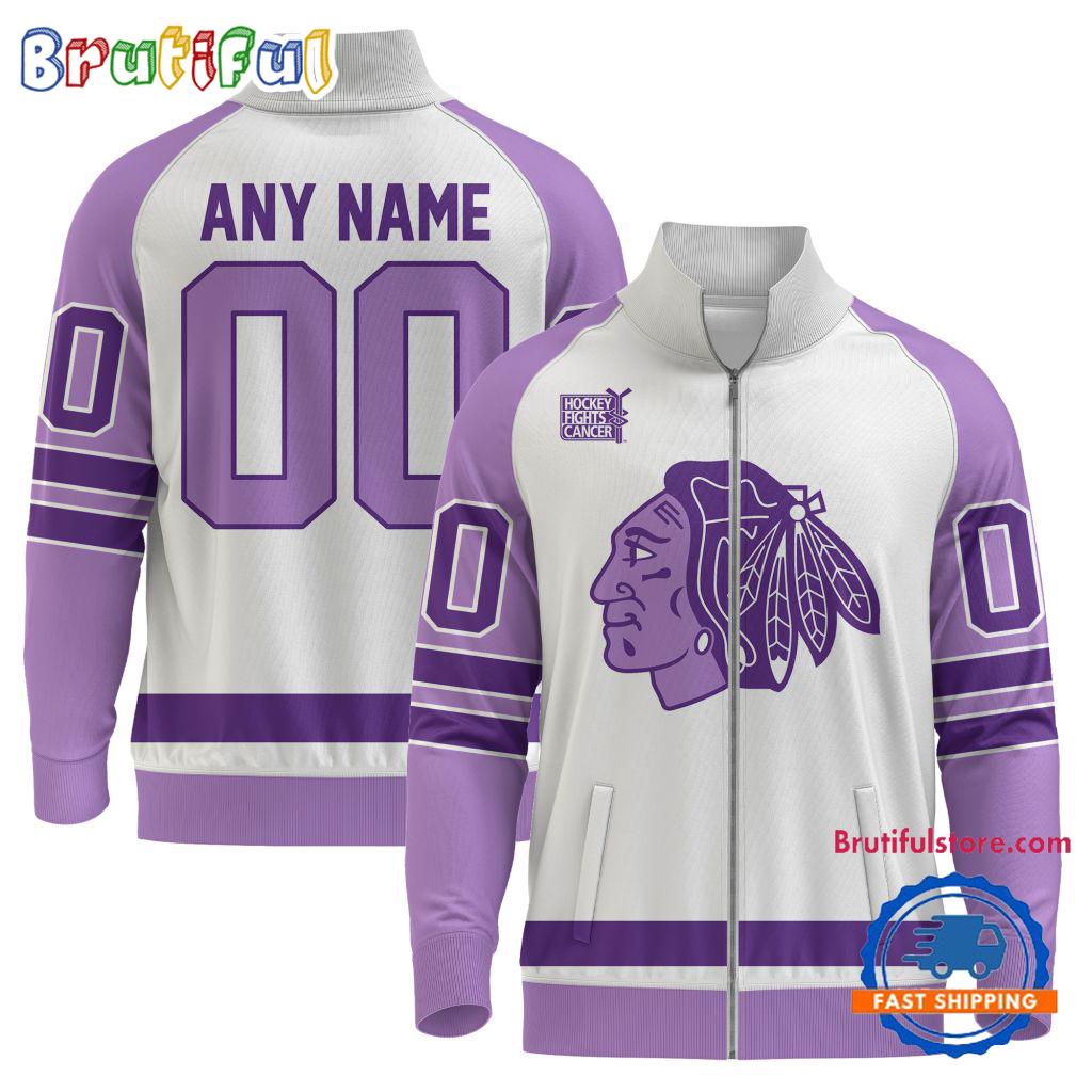 NHL Chicago Blackhawks Special Hockey Fight Cancer Standing Neck Zipper Jacket