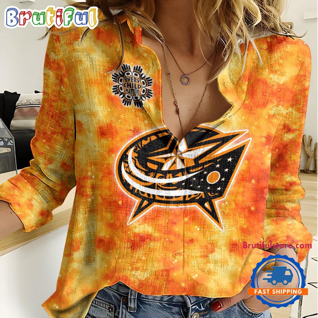 NHL Columbus Blue Jackets Hockey Team Orange Design Women's Casual Shirt