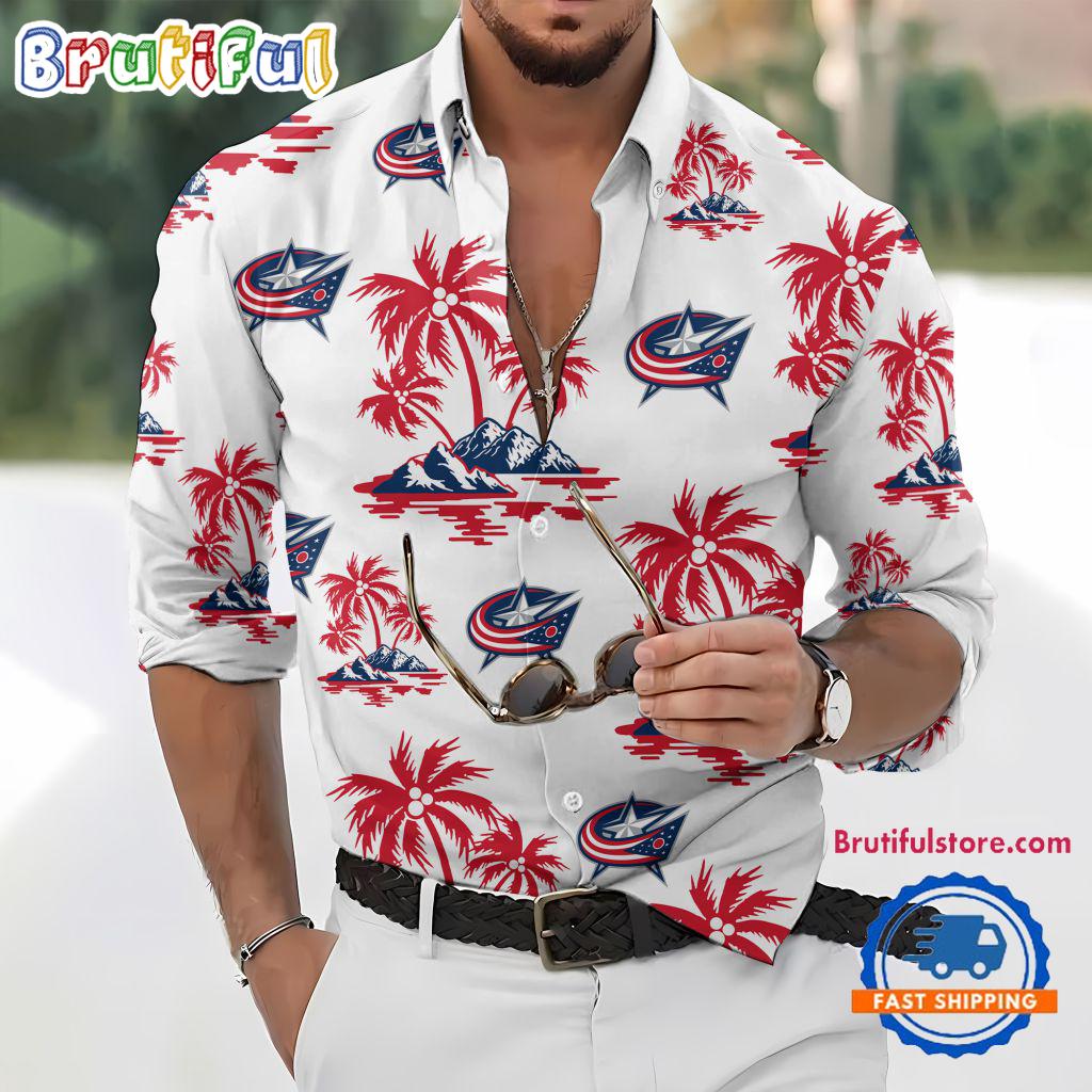 NHL Columbus Blue Jackets Special Hockey Long Sleeve Hawaiian Design Button Shirt