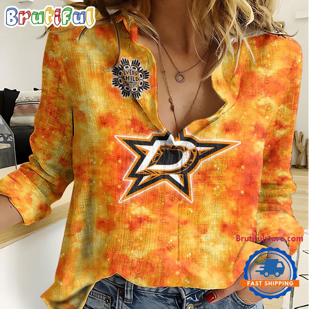 NHL Dallas Stars Hockey Team Orange Design Women's Casual Shirt