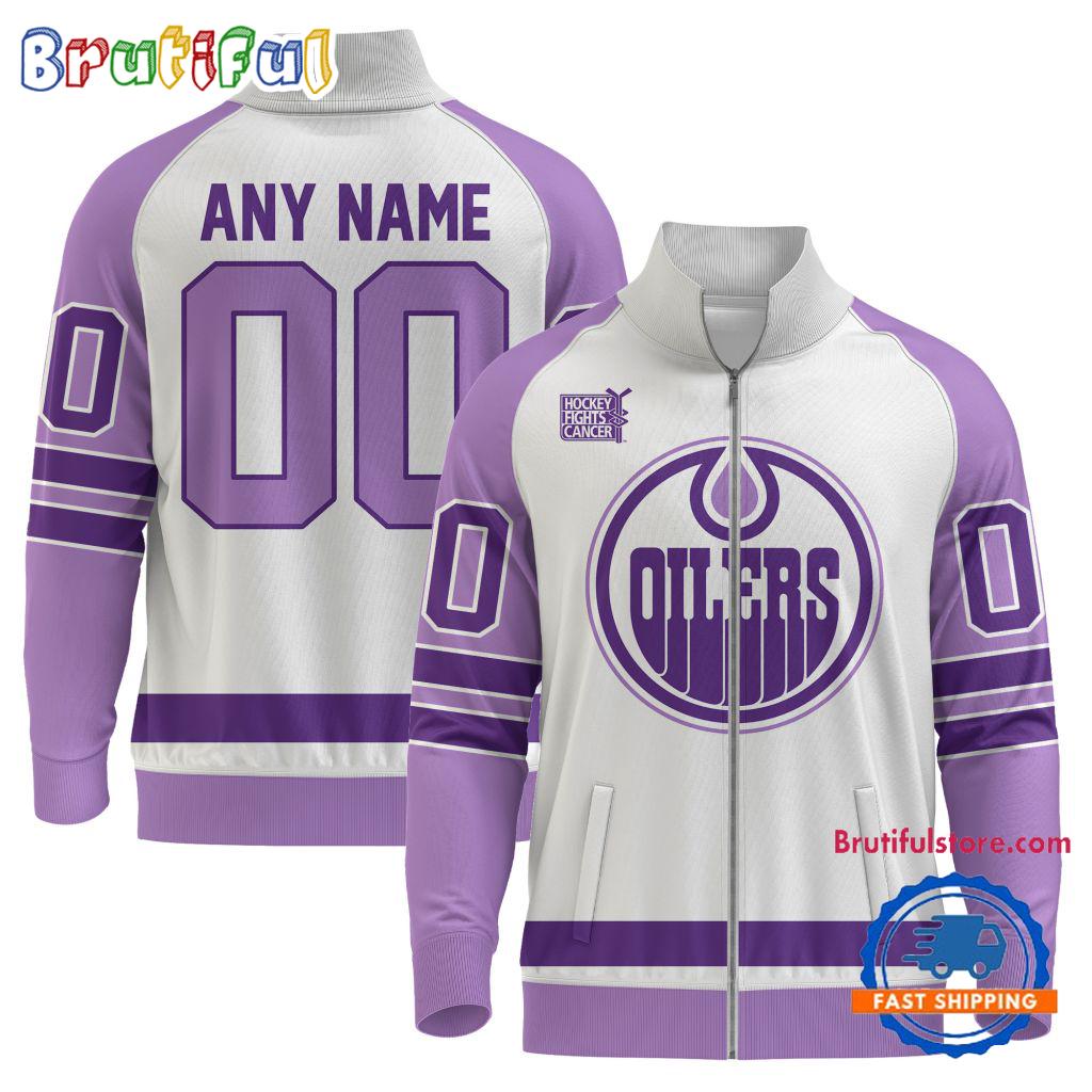 NHL Edmonton Oilers Special Hockey Fight Cancer Standing Neck Zipper Jacket