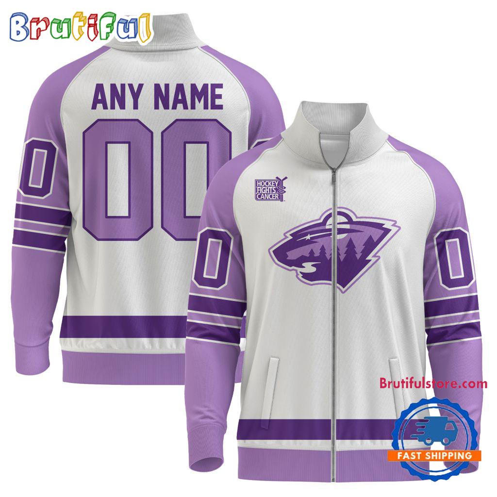 NHL Minnesota Wild Special Hockey Fight Cancer Standing Neck Zipper Jacket
