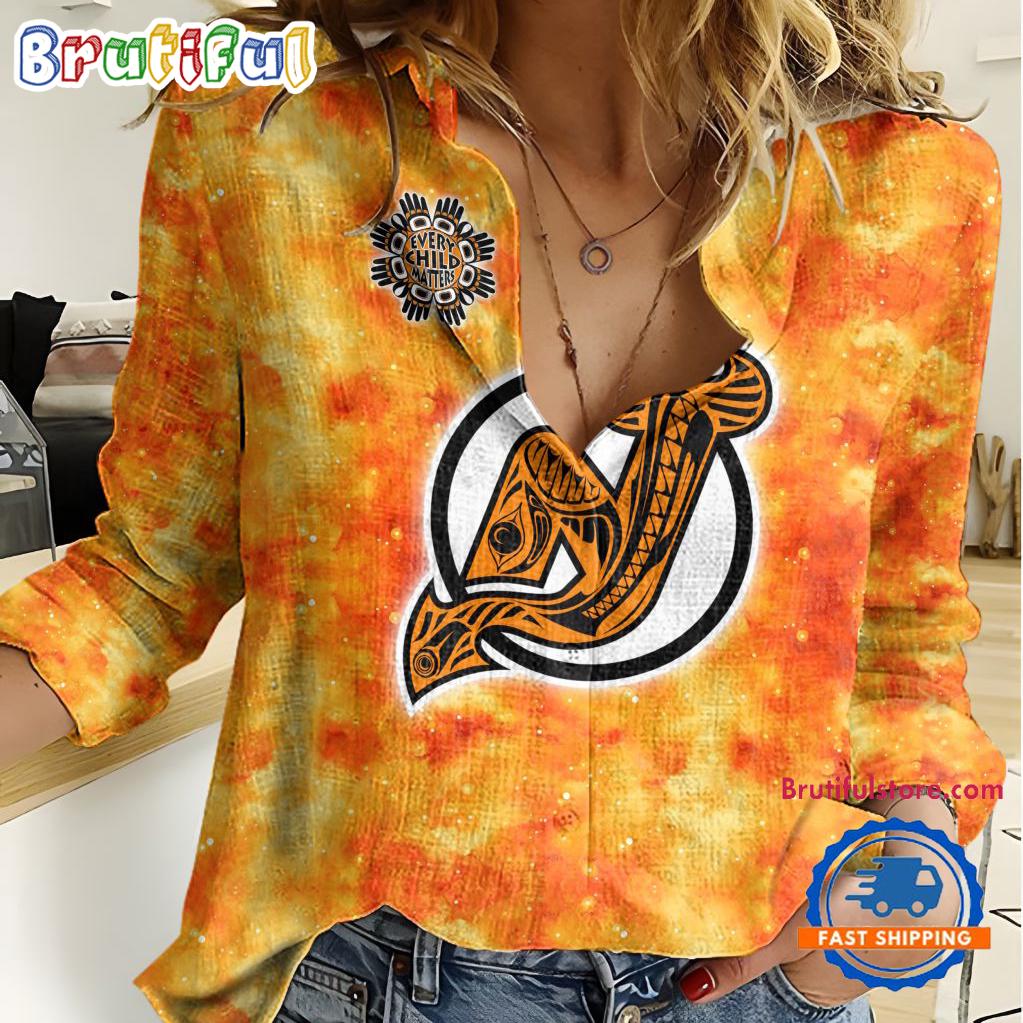 NHL New Jersey Devils Hockey Team Orange Design Women's Casual Shirt