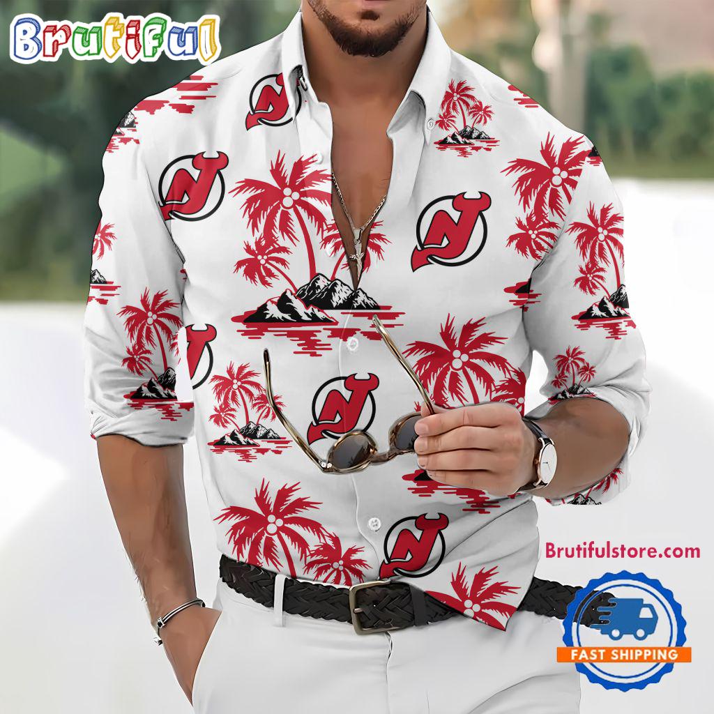 NHL New Jersey Devils Special Hockey Long Sleeve Hawaiian Design Button Shirt