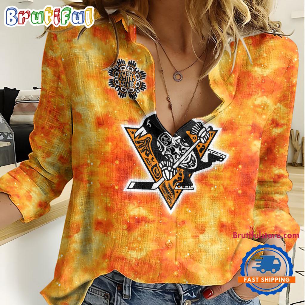 NHL Pittsburgh Penguins Hockey Team Orange Design Women's Casual Shirt