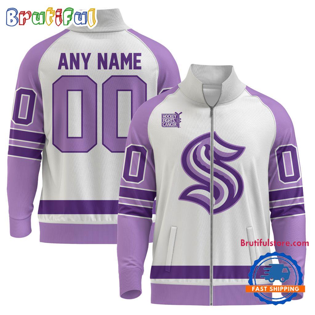NHL Seattle Kraken Special Hockey Fight Cancer Standing Neck Zipper Jacket