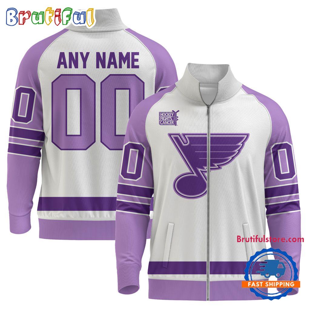 NHL St. Louis Blues Special Hockey Fight Cancer Standing Neck Zipper Jacket