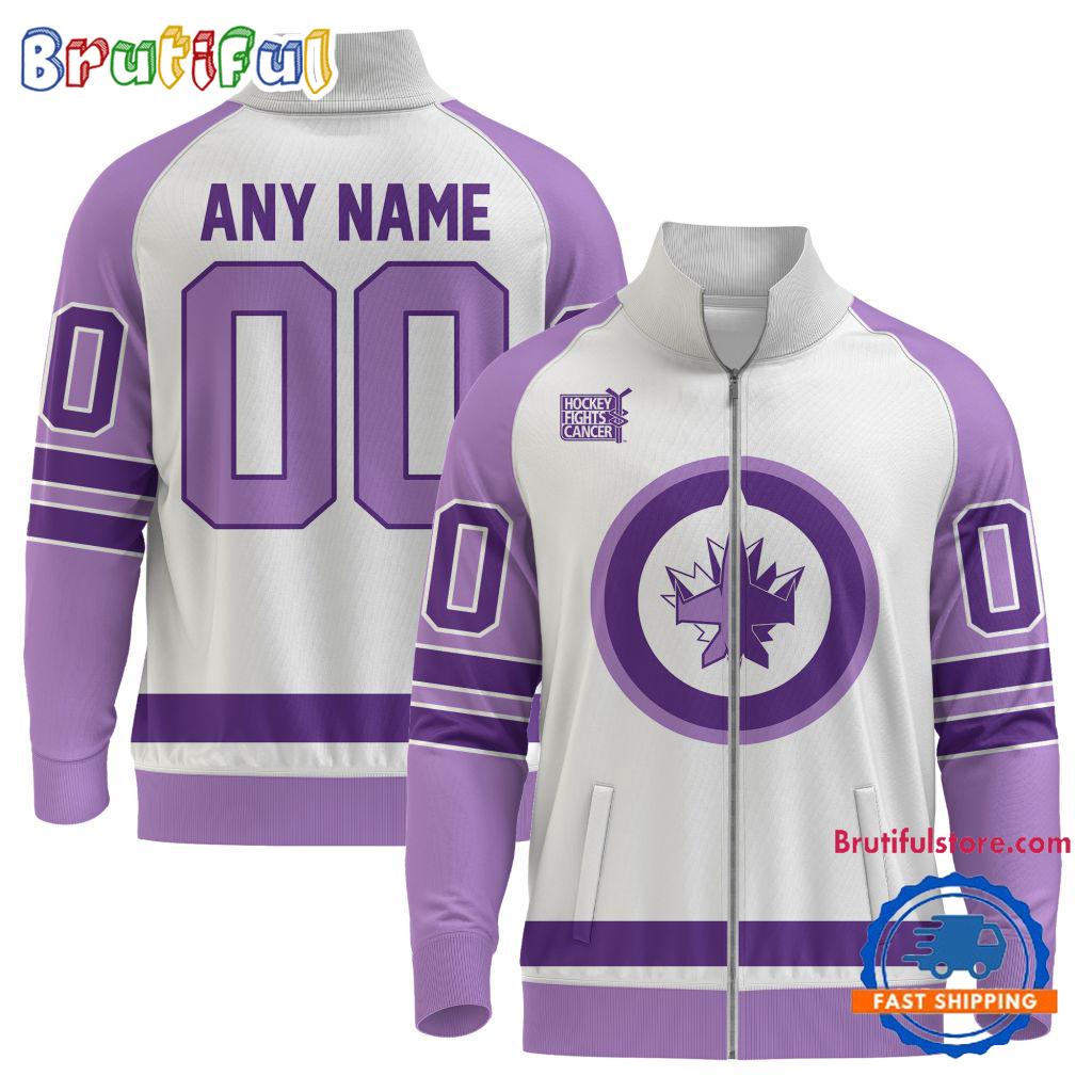 NHL Winnipeg Jets Special Hockey Fight Cancer Standing Neck Zipper Jacket